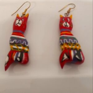 Beautiful colorful vintage hand painted wooden dangle cat earrings